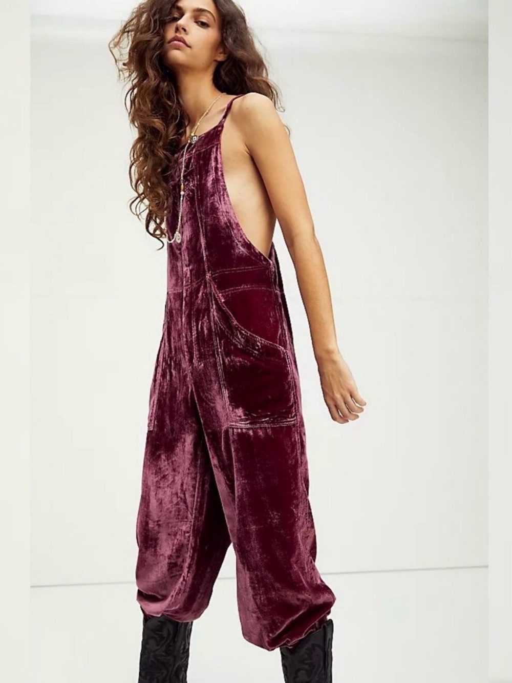 Free People “Weekender” Crushed Velvet Overalls